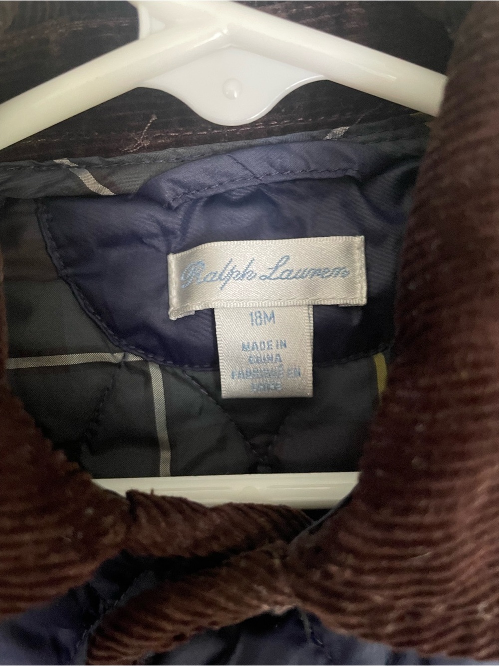 Ralph Lauren Navy Quilted Puffer Jacket with Brown Corduroy Trim Size 18m - Picture 3 of 6